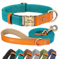 Load image into Gallery viewer, Ensemble de collier et laisse en nylon et cuir personnalisable pour chien Oscar et Plume
