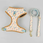 Ensemble harnais et laisse chien Oscar et Plume avec motifs colorés et finitions en tissu beige