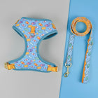 Ensemble harnais et laisse chien Oscar et Plume bleu avec motifs colorés pour promenade