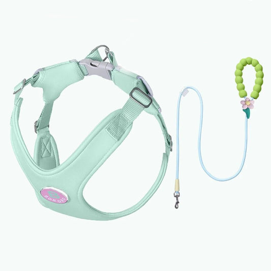 Ensemble harnais et laisse vert menthe pour chien avec poignée en perles, proposé par Oscar et Plume