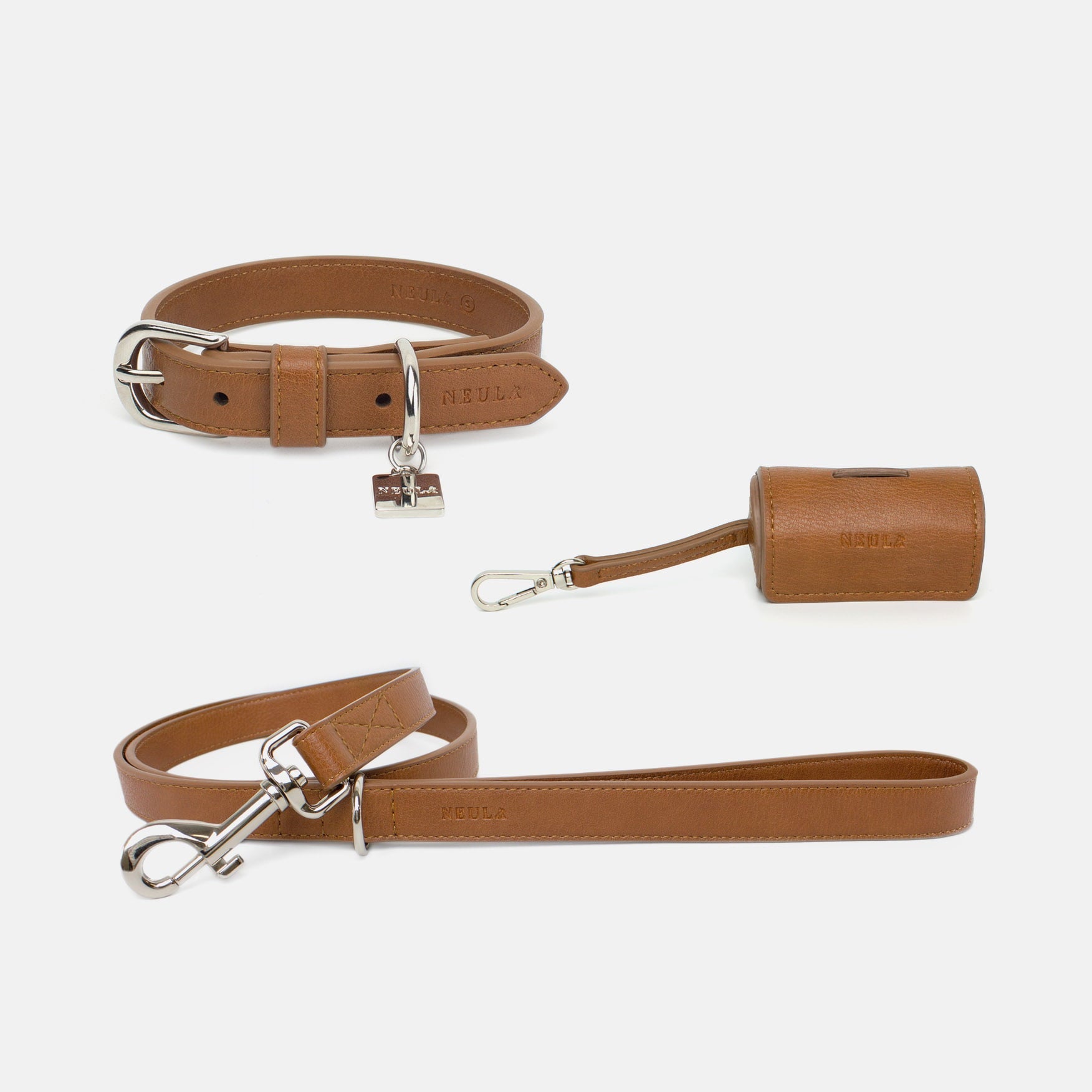 Ensemble laisse, collier et sac en Cuir Vegan Pour Chien Oscar et Plume Marron / XS / XS