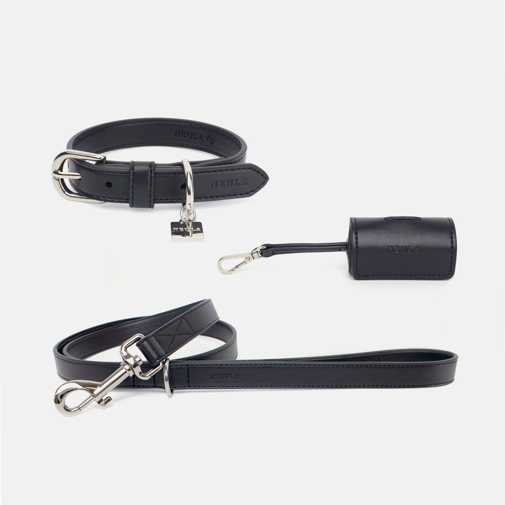 Ensemble laisse, collier et sac en Cuir Vegan Pour Chien Oscar et Plume Noir / XS / XS