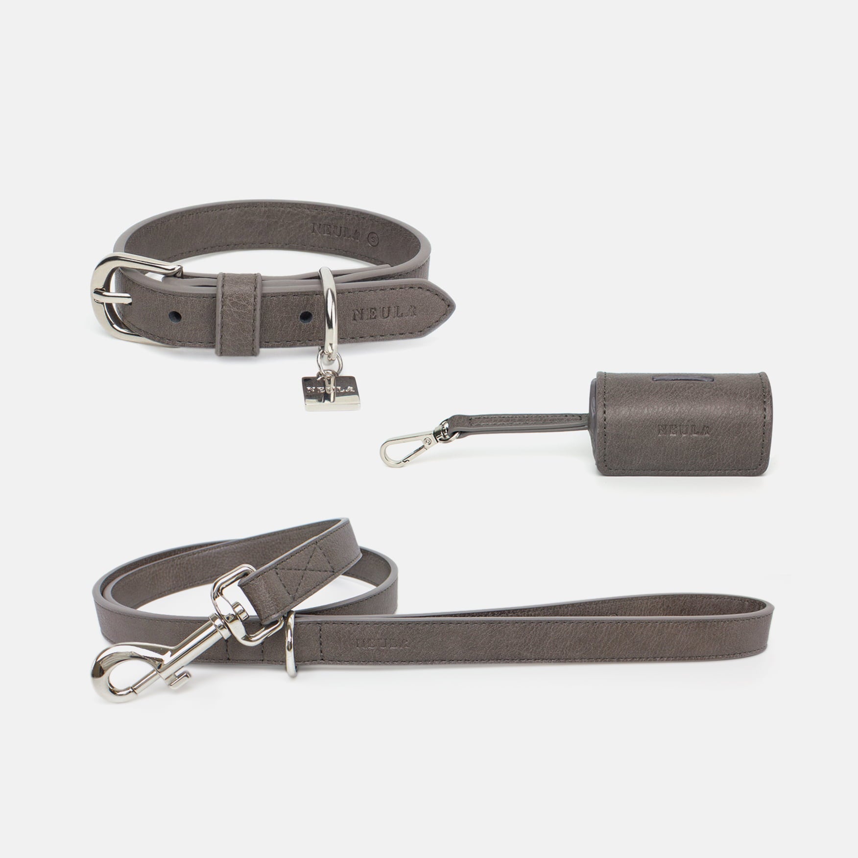 Ensemble laisse, collier et sac en Cuir Vegan Pour Chien Oscar et Plume Gris / XS / XS