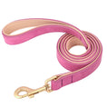 Load image into Gallery viewer, Ensemble laisse et collier chien en cuir rose avec finition dorée pour les promenades élégantes
