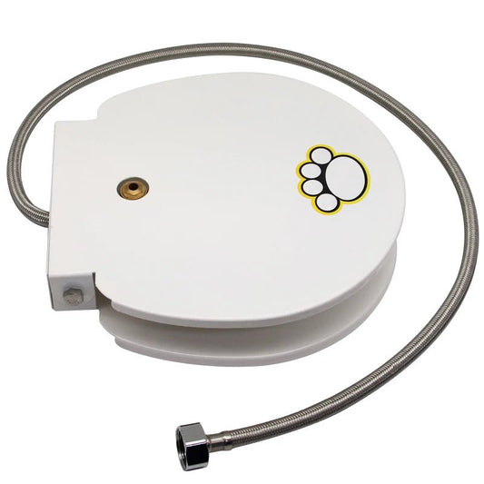 Fontaine à pédale pour chien blanche Oscar et Plume avec tuyau métallique flexible