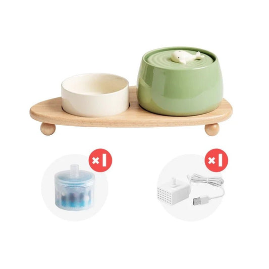 Fontaine en céramique pour chat verte avec bol blanc sur support en bois Oscar et Plume