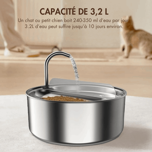 Fontaine pour chat en acier inoxydable capacité 3,2 litres avec robinet eau courante Oscar et Plume