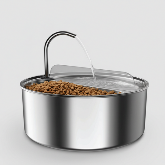 Fontaine pour chat en acier inoxydable avec distributeur d'eau et compartiment croquettes