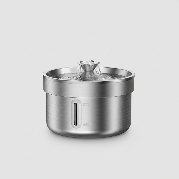 Chat buvant à une fontaine pour chat inox en acier brossé Oscar et Plume sur sol en bois