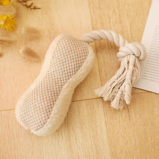 Jouet corde coton chien avec noeud et partie en tissu doux beige pour animal domestique