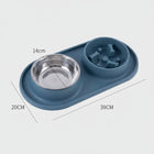 Gamelle anti glouton pour chien avec double compartiment en acier inoxydable et silicone bleu