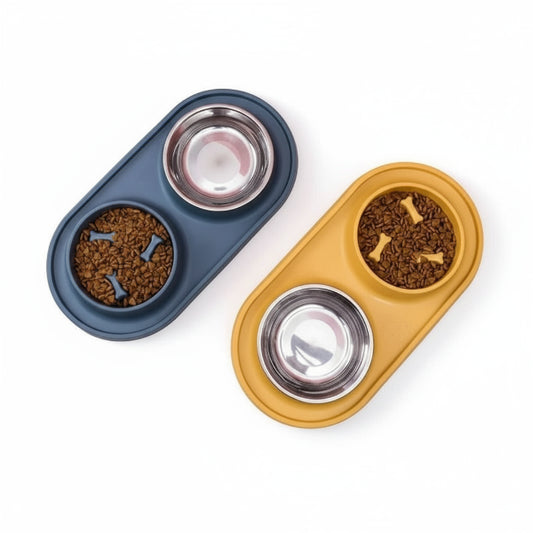 Gamelle anti glouton pour chien avec récipients en acier inoxydable et support en silicone