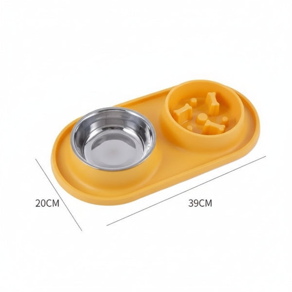 Gamelle anti glouton pour chien en silicone jaune avec bol en acier inoxydable