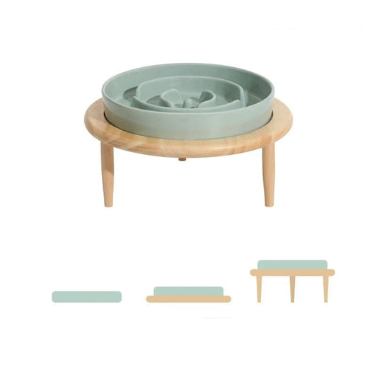 Gamelle céramique anti glouton verte sur support en bois naturel Oscar et Plume pour animaux