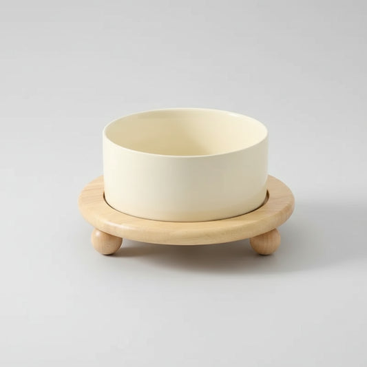 Gamelle céramique chat beige avec support en bois naturel et pieds ronds Oscar et Plume