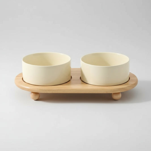 Gamelle céramique chat double avec support en bois naturel Oscar et Plume pour alimentation facile
