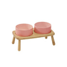 Gamelle céramique chien rose avec support en bois naturel sur pieds pour repas confortable