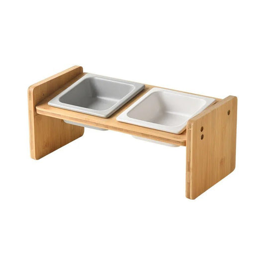 Gamelle céramique inclinée double avec support en bambou naturel pour chien ou chat