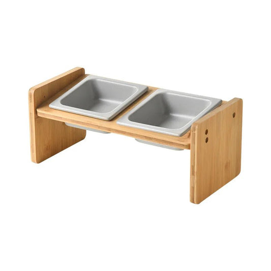 Gamelle céramique inclinée double avec support en bois naturel par Oscar et Plume