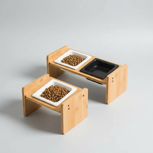 Gamelle céramique inclinée avec support en bois pour animaux, bol blanc et bol noir avec croquettes