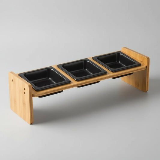 Gamelle céramique inclinée triple avec support en bois naturel pour animaux Oscar et Plume