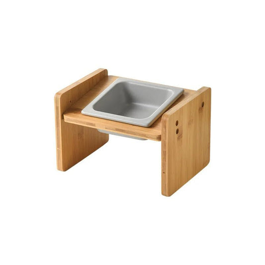 Gamelle céramique inclinée grise avec support en bois naturel pour animaux Oscar et Plume