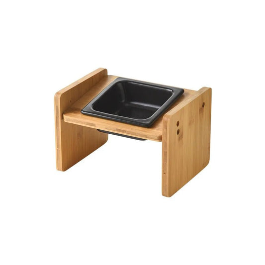 Gamelle céramique inclinée noire avec support en bois naturel pour animaux Oscar et Plume