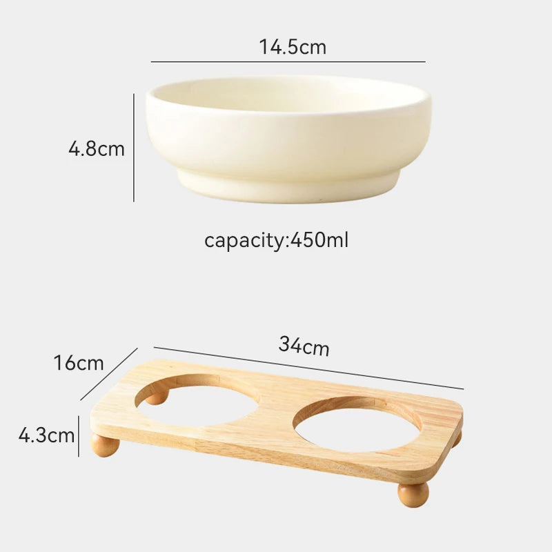 Gamelle céramique pour chien et chat avec support en bois, capacité de 450 ml, design moderne et élégant