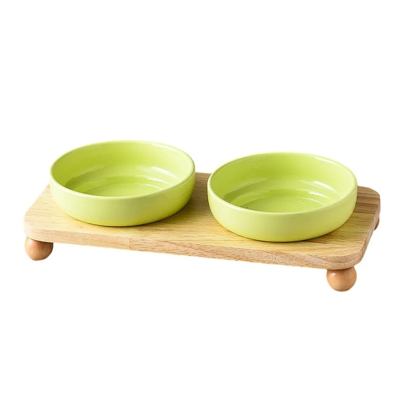 Support en bois avec deux gamelles céramique pour chien et chat de couleur verte idéale pour les aliments