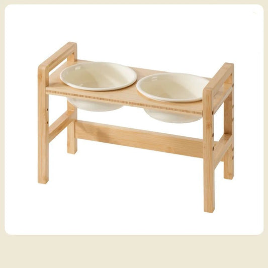 Gamelle céramique réglable chien sur support en bois naturel avec deux bols pour alimentation