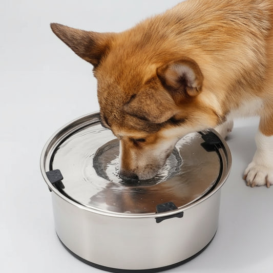 Chien mangeant dans une gamelle chien anti éclaboussure en acier inoxydable avec clips antidérapants