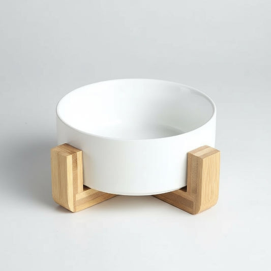 Gamelle chien céramique blanche avec support en bois naturel élégant et moderne