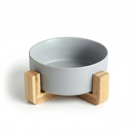 Gamelle chien céramique grise avec support en bois naturel design moderne et élégant