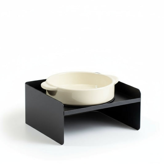 Gamelle design chien en céramique blanche avec support noir métallique surélevé moderne