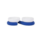 Gamelle design pour chien et chat avec double bol blanc et support bleu de Oscar et Plume