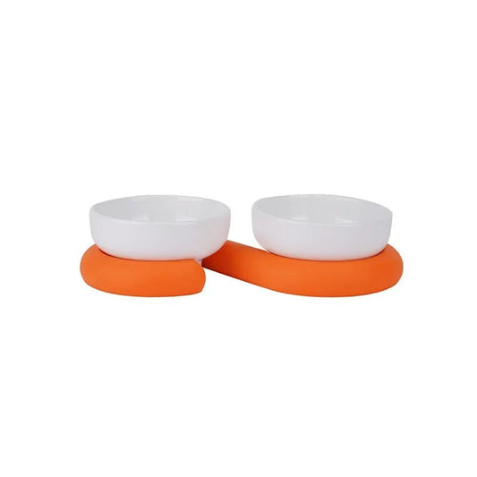 Gamelle design pour chien et chat double blanche avec support orange moderne et élégant