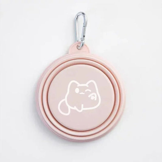 Gamelle légère portable rose avec dessin de chat et mousqueton pour animaux