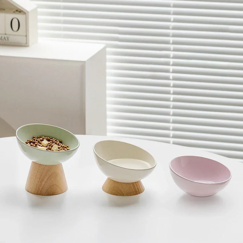 Gamelle pour chat en céramique avec support en bois, set de trois couleurs modernes
