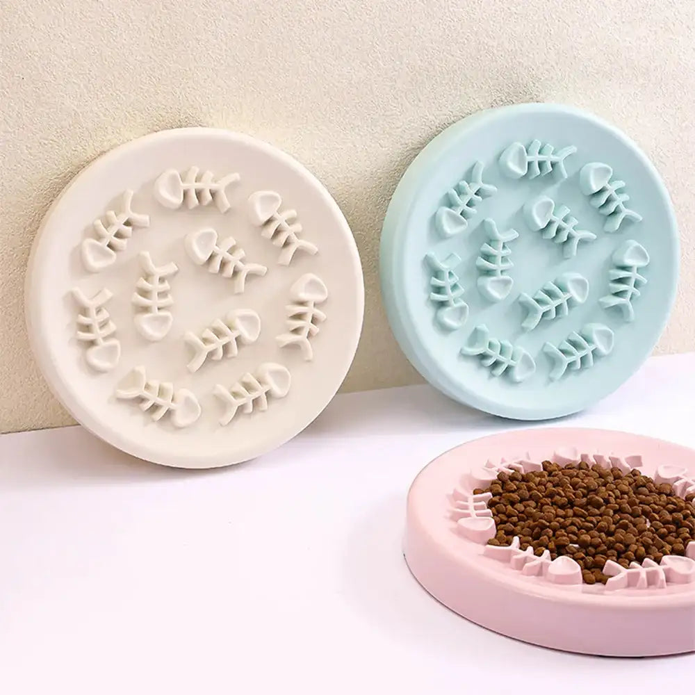 Gamelle pour chat en silicone avec motif de poissons, disponible en bleu et rose
