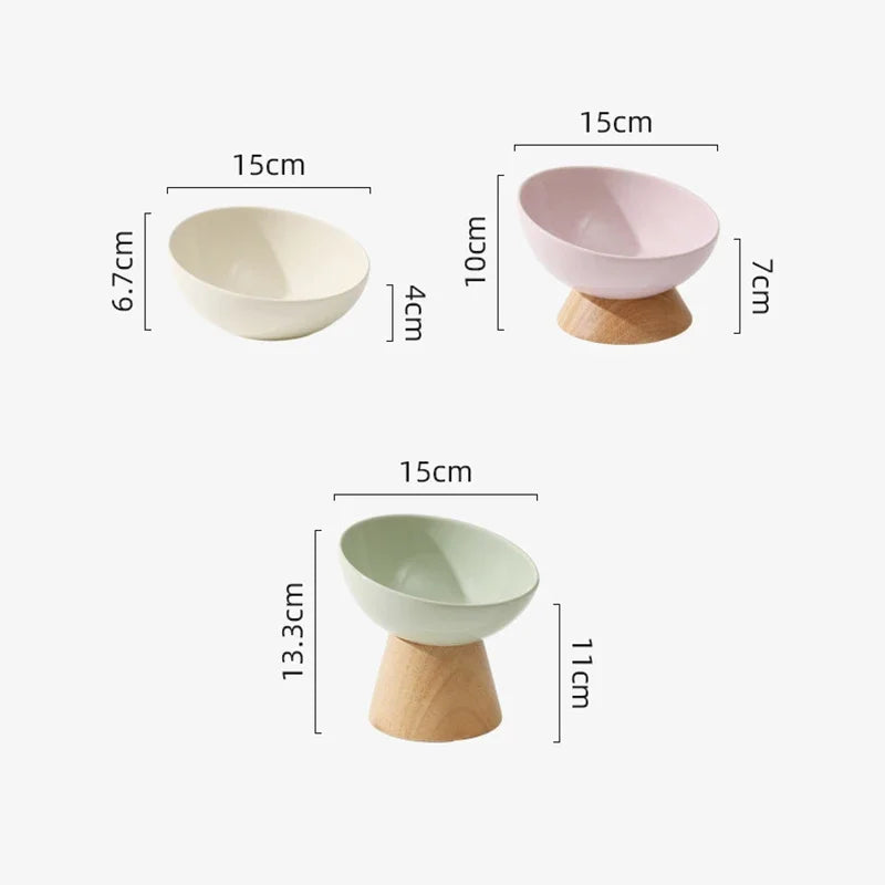 Gamelle pour chat en céramique avec support en bois, disponible en trois couleurs pastel