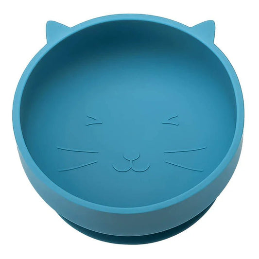 Gamelle silicone antidérapante bleue en forme de tête de chat avec visage dessiné pour animaux