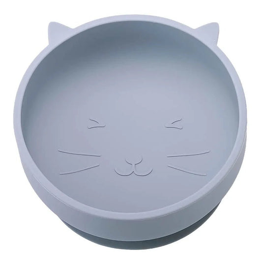 Gamelle silicone antidérapante grise en forme de tête de chat avec détails visage et oreilles
