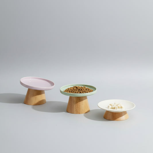 Gamelle surélevée en céramique pour chat avec support en bois, disponible en rose et vert