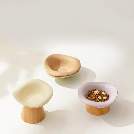 Gamelle surélevée pour chat en céramique avec socle en bois, design moderne et élégant