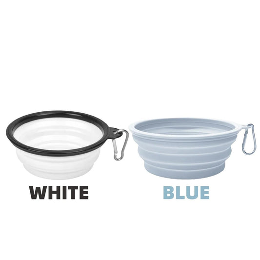 Gamelle voyage chat chien pliable en silicone avec mousqueton, disponible en blanc et bleu par Oscar et Plume