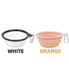 Gamelle voyage chat chien pliable en silicone blanc et orange avec mousqueton Oscar et Plume