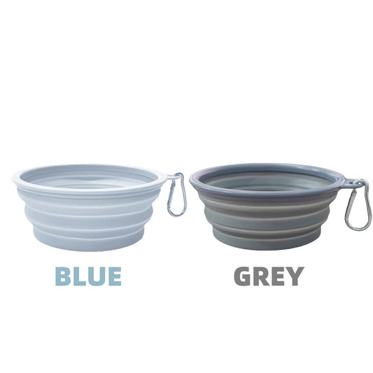Gamelle voyage chat chien pliable en silicone avec mousqueton bleu et gris par Oscar et Plume