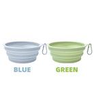Gamelle voyage chat chien pliable en silicone bleu et vert avec mousqueton Oscar et Plume
