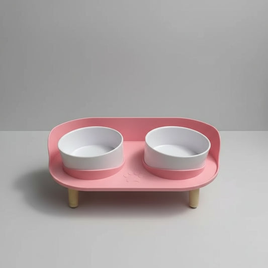 Gamelles design pour chien avec support rose et deux bols en céramique blanche pour animaux de compagnie