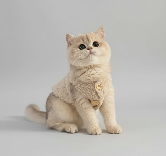 Chat portant un gilet chaud pour chat avec des boutons, confortablement installé sur un arbre à chat